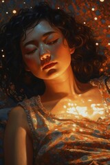 Fototapete - Woman with eyes closed is lying down. Beautiful illustration picture. Generative AI