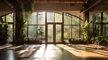 Wall Mural - A yoga studio with large windows, plants, and a tranquil atmosphere. Generative AI  