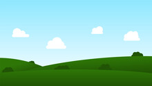 Landscape Cartoon Scene Background. Green Field With White Cloud And Blue Sky