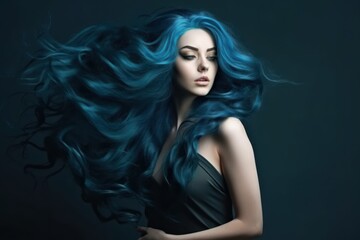 Fototapete - Long blue hair. Beautiful woman. Beautiful illustration picture. Generative AI