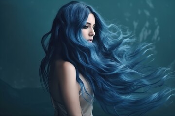 Fototapete - Long blue hair. Beautiful woman. Beautiful illustration picture. Generative AI