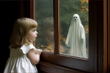 Fototapete - Little girl is looking through the window. Ghost is outdoors. Beautiful illustration picture. Generative AI