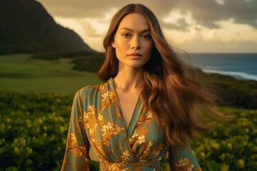 Fototapete - Realistic image of beautiful woman that is on the vacation, exotic island. Beautiful illustration picture. Generative AI