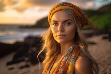 Fototapete - On the beach. Realistic image of beautiful woman that is on the vacation, exotic island. Beautiful illustration picture. Generative AI