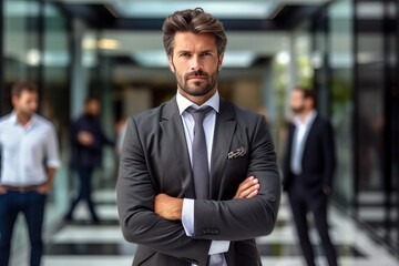 Fototapete - Serious businessman is standing on the street. Beautiful illustration picture. Generative AI