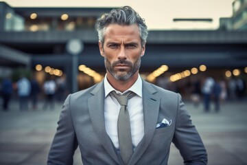 Fototapete - Serious businessman is standing on the street. Beautiful illustration picture. Generative AI