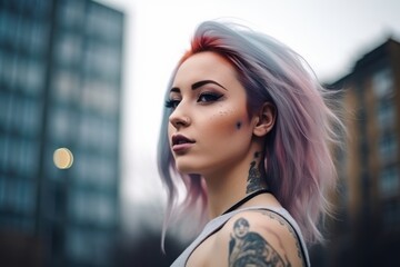 Fototapete - Young tattooed woman with colored hair. Beautiful illustration picture. Generative AI