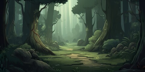 A colorful cartoon style illustration of a wooded landscape with sunlight coming in, the grassy landscape of the forest - AI Generative