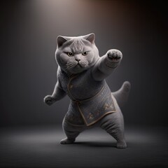 Furious fluffy british short hair of fighting poses in boxing, theme of cats vintage costume competition isolated vintage color. Glorious generative AI.