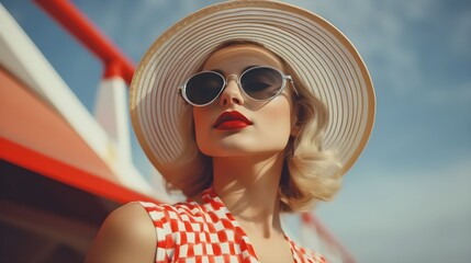 Young fashion woman with red lipps wearing 60s retro style clothes. 