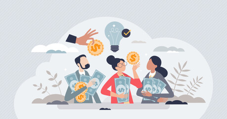 Wall Mural - Crowdfunding as money raising for business project tiny person concept. Financial support for new startup company with innovative idea vector illustration. Collective funding platform for campaign.