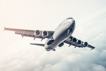  Futuristic cargo plane flying over white background. Generative AI