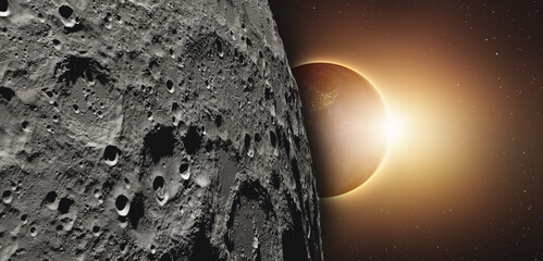 Sticker - spectacular lunar eclipse and view from the lunar (moon) surface and night view of america continent