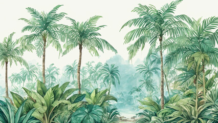 Wall Mural - Palm trees in a jungle forest. decorative watercolor painting, landscape. Generative Ai