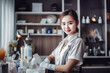 © Surachetsh - An Asian maid in a graceful dress smiles brightly as she prepares to clean the opulent room in front of her. generative AI