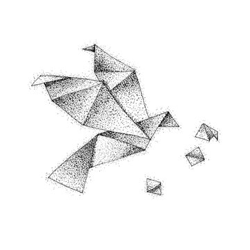 Origami Bird Dotwork. Raster Illustration of Paper Flight. Tattoo Hand Drawn Sketch.