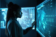 © ADDICTIVE STOCK - Generative AI image of side view of black female researcher standing in front of large monitor displaying world map with statistics and observing changing environment details