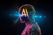 © ADDICTIVE STOCK - Generative AI image of robot male model with neon lights and with neural network thinks while digital brain processing big data and standing against black background