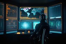 Generative AI Image Of Back View Of Unrecognizable Futuristic Person In Helmet Sitting At Desk With Large Computer Monitors And Observing Display Of World Map With Changing Statistics