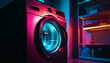 Blue washing machine spinning clothes with electricity generated by AI
