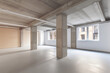 © ADDICTIVE STOCK - Generative AI illustration of spacious modern building interior with empty space and with white columns placed against window