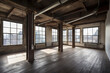 © ADDICTIVE STOCK - AI generating illustration of an old empty room with wooden floor and columns around it with cement walls and large windows all around
