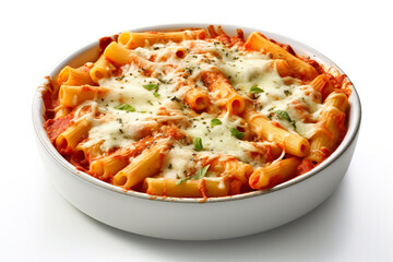 Ziti al forno - baked ziti pasta dish with tomato sauce and cheese. Generative AI.