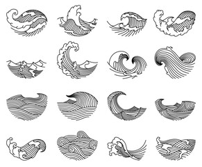 Oriental waves icons japan. Stylized ocean wave curls, japan style tsunami, sea swirls graphics collection. Oceanic water asian decorative ornamental splashes elements. Art vector illustration