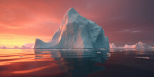 Generative AI Illustration Of Icebergs Reflecting In Calm Sea Water Under Bright Colorful Sky During Sunset