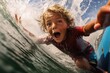 Close portrait with action camera of the boy on the surfing board smiling to the camera with funny head, generative ai.