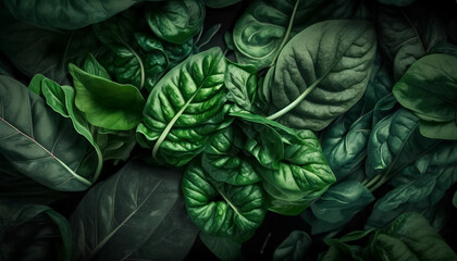 Top view on fresh organic spinach leaves. Healthy green food and vegan background.