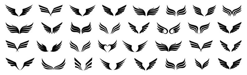 Poster - Set of black bird wing logo. Black wing symbol collection. Wing tattoo icons