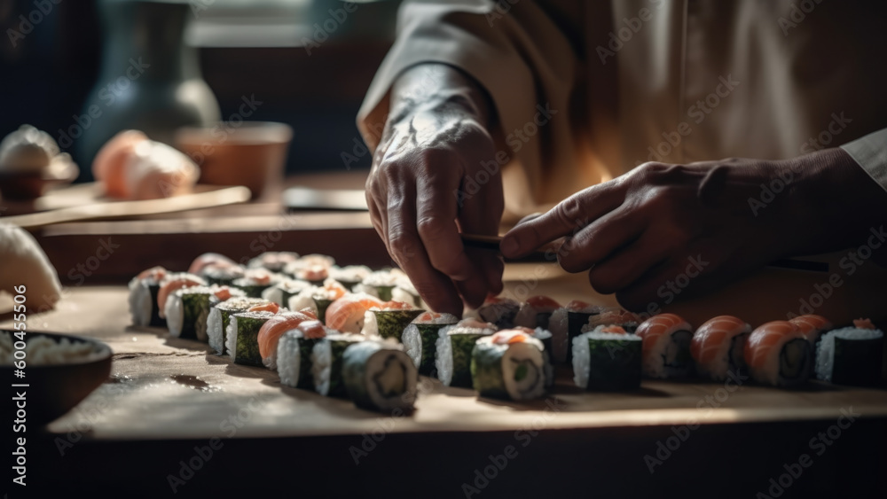 chef serving sushi - illustration for culinary... Chef at a sushi restaurant preparing salmon sushi - Generative AI Stock ...