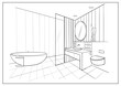 Sketch modern bathroom interior design. Vector outline drawing washroom, shower cabin, bathtub, sink, mirror, fittings, sanitary ware, equipment. Line draw interior of a room for spa procedures. 