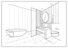 Sketch Modern Bathroom Interior Design. Vector Outline Drawing Washroom, Shower Cabin, Bathtub, Sink, Mirror, Fittings, Sanitary Ware, Equipment. Line Draw Interior Of A Room For Spa Procedures. 