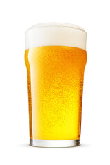 Canvas Print - British style imperial pint glass of fresh yellow beer with cap of foam isolated. Transparent PNG image.