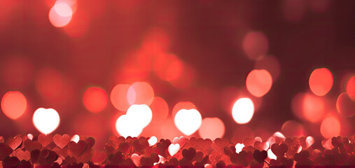 Wall Mural - Romantic creative valentine's day red background with sparkling bokeh hearts. Generative AI.