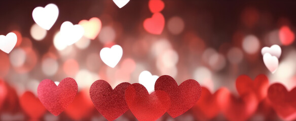 Wall Mural - Romantic creative valentine's day red background with sparkling bokeh hearts. Generative AI.