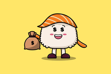 Wall Mural - Cute cartoon Crazy rich Sushi with money bag shaped funny in modern design illustration