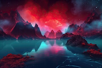 Wall Mural - photo nebula in the style of red and azure, fantasy landscapes with neon realism. generative ai.