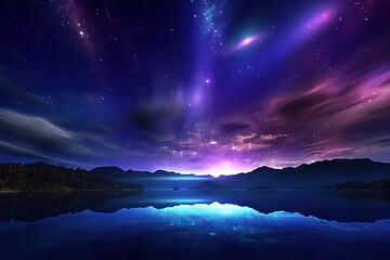 Wall Mural - Night galaxy sky over the lake. Generative AI.
