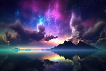 Wall Mural - Night galaxy sky over the lake. Generative AI.