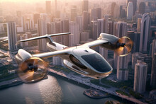 Electric Passenger VTOL Aircraft Taxi. Autonomous Flying Car Transport For Travel. Over Urban Cityscape. Ai Generated