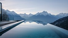 Infinity Pool With Beautiful Mountains Behind, Generative AI