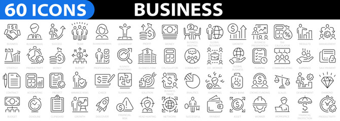 Wall Mural - Business 60 icon set. Business team, finance, teamwork, startup, management, businessman, success, strategy and more. Vector illustration.