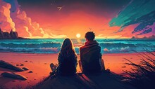 Couple Sits On A Sandy Beach Watching The Sunset Ai Generative