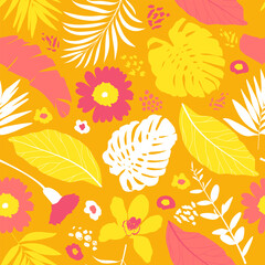 Wall Mural - Seamless pattern with colorful exotic plants, leaves, flowers. Endless cute design for fabric print, wallpaper.
