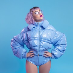 Beautiful teen girl with glasses and pink hair posing in blue leather jacket on pastel backgroun. Generative AI.
