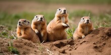 A Group Of Prairie Dogs Popping In And Out Of Their Burrows On The Grassy Plain, Concept Of Burrow Dwellers' Behavior, Created With Generative AI Technology