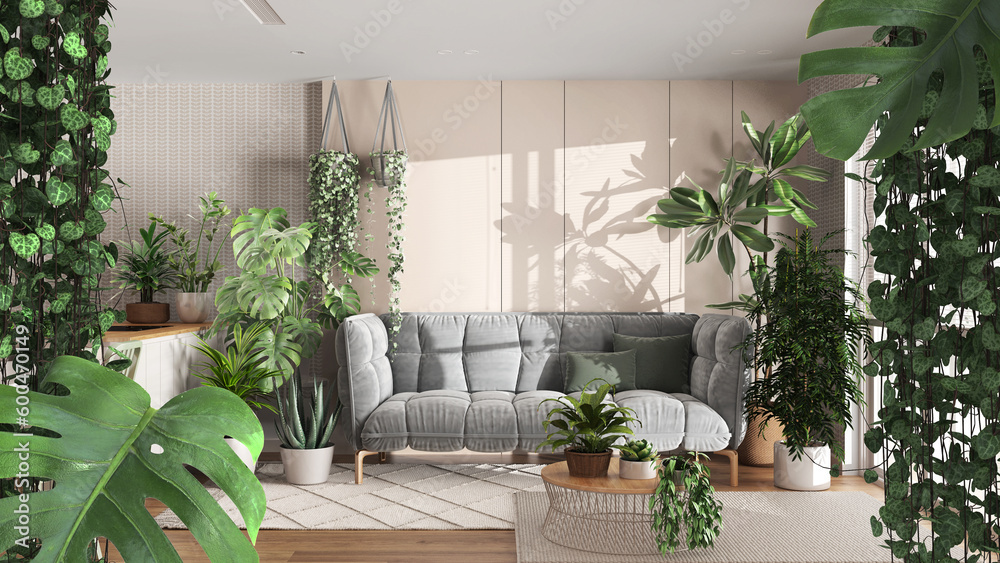 View of Foto de Stock Jungle frame, biophilic concept idea interior design ...